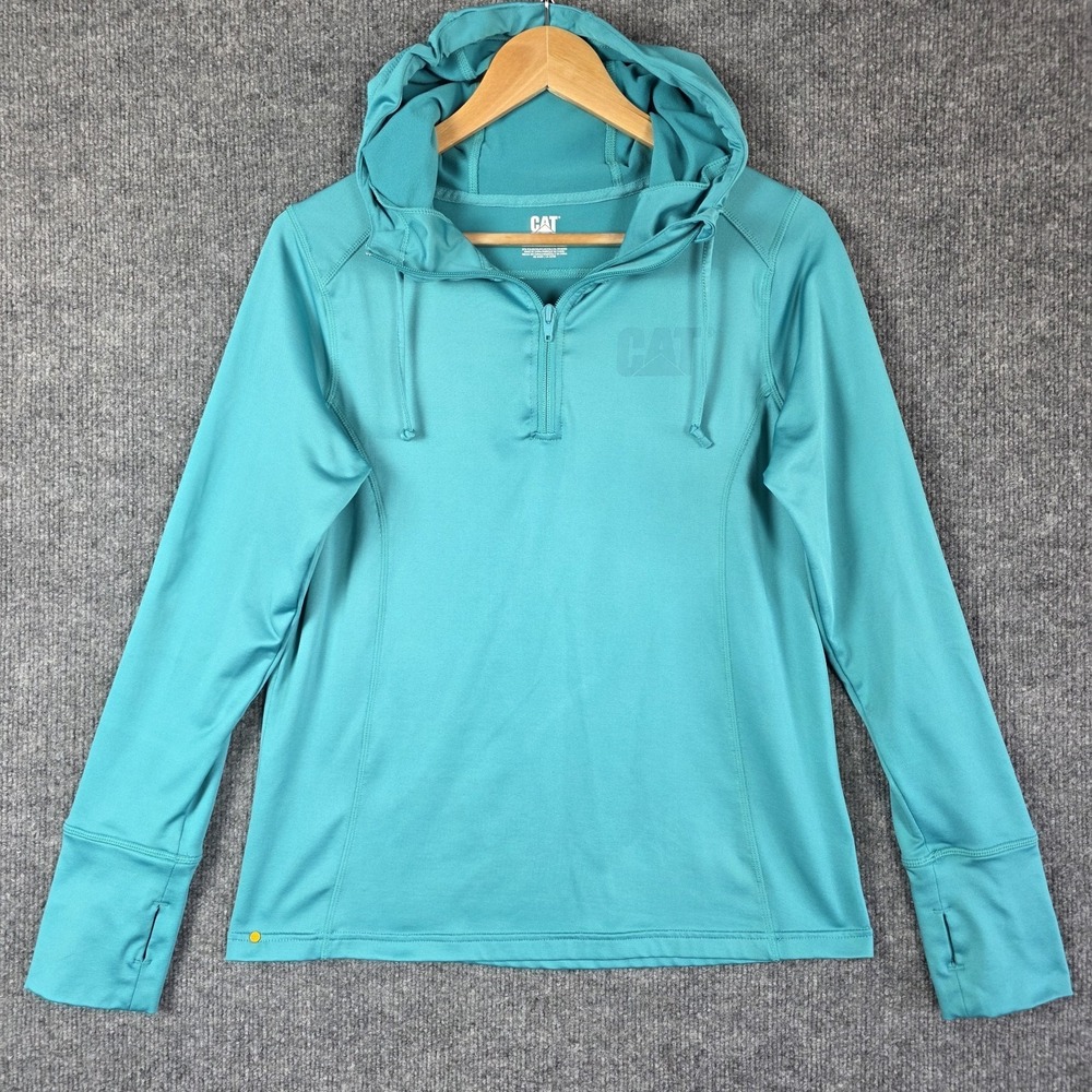 CAT Quarter Zip Hoodie Women's M Turquoise Sweatshirt Workwear Fleece Thumbholes